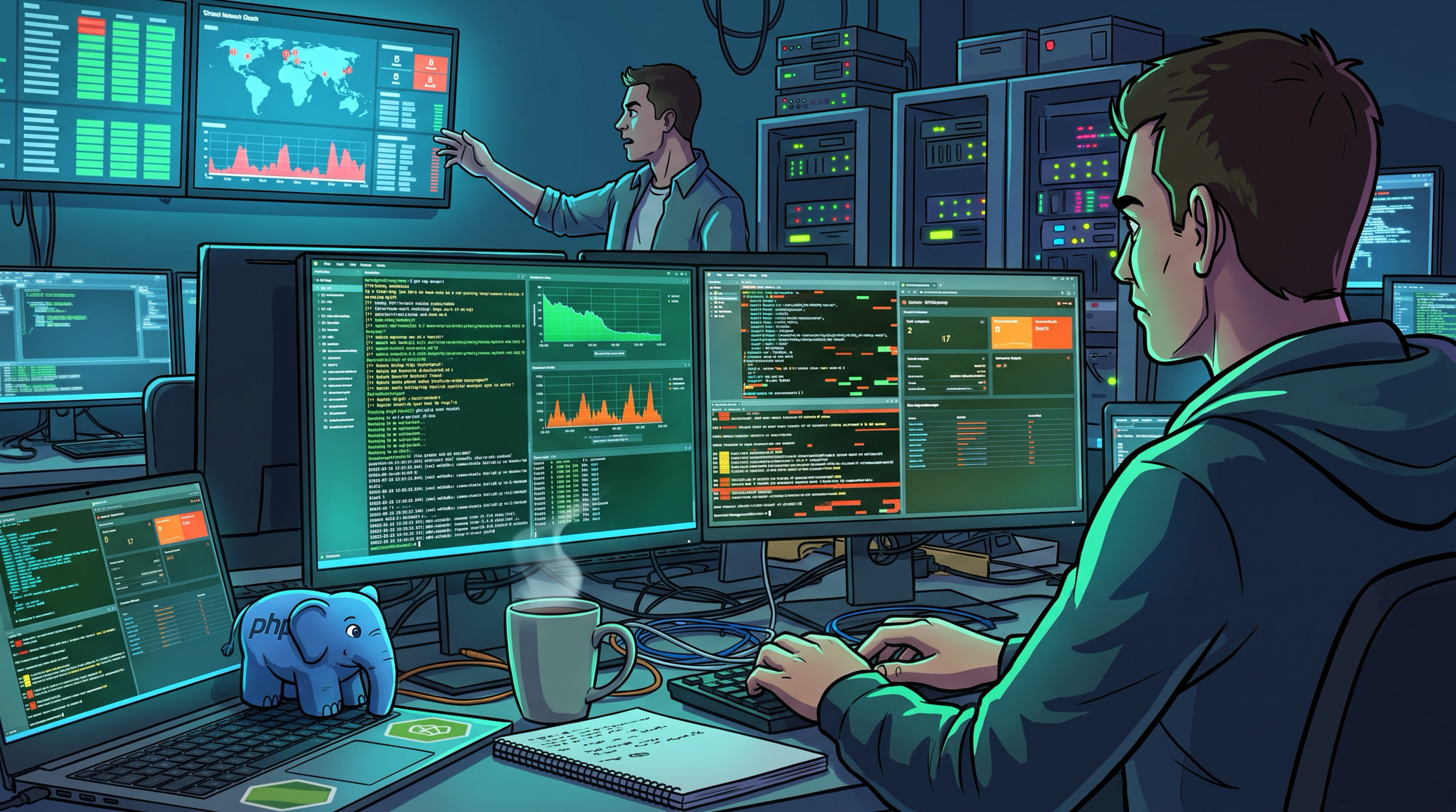 Illustrated operations room: an engineer at a desk of alert monitors, a PHP elephant figure beside the laptop, and a colleague pointing at a world map.